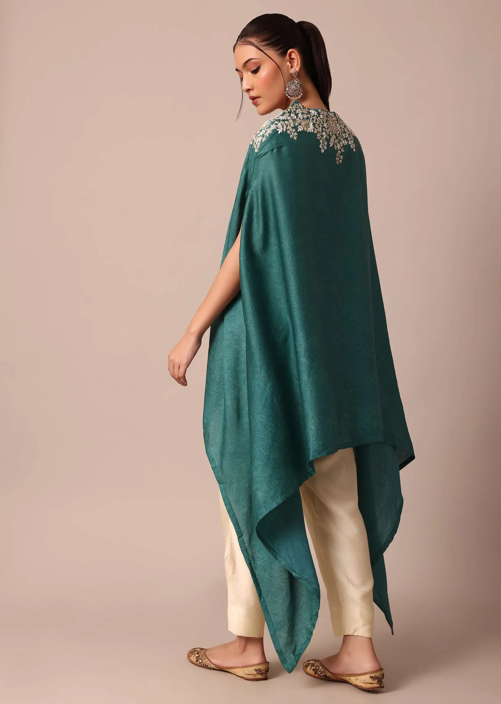 Chic Turquoise Blue Crop Top With Embroidered Jacket And Pants