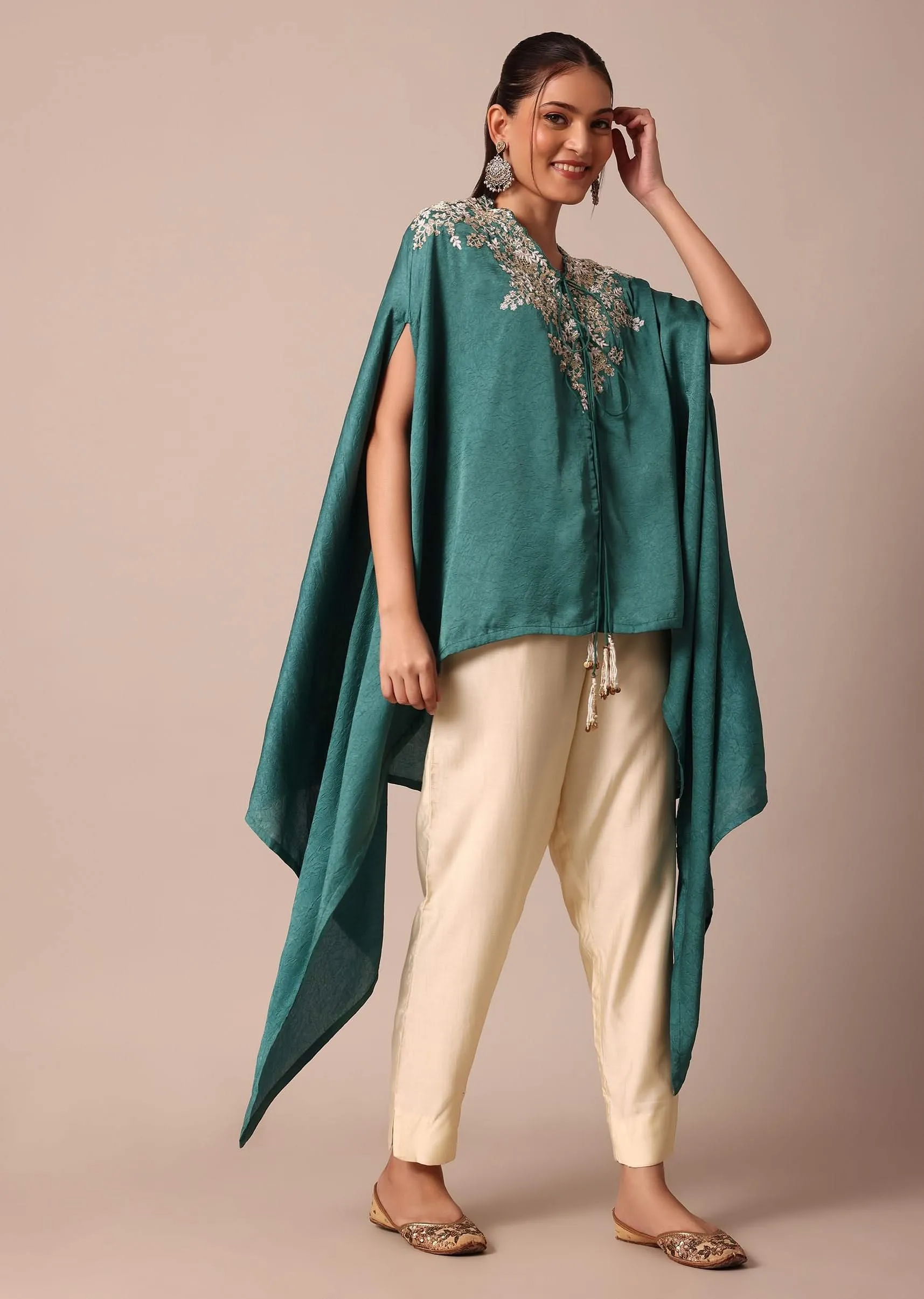 Chic Turquoise Blue Crop Top With Embroidered Jacket And Pants