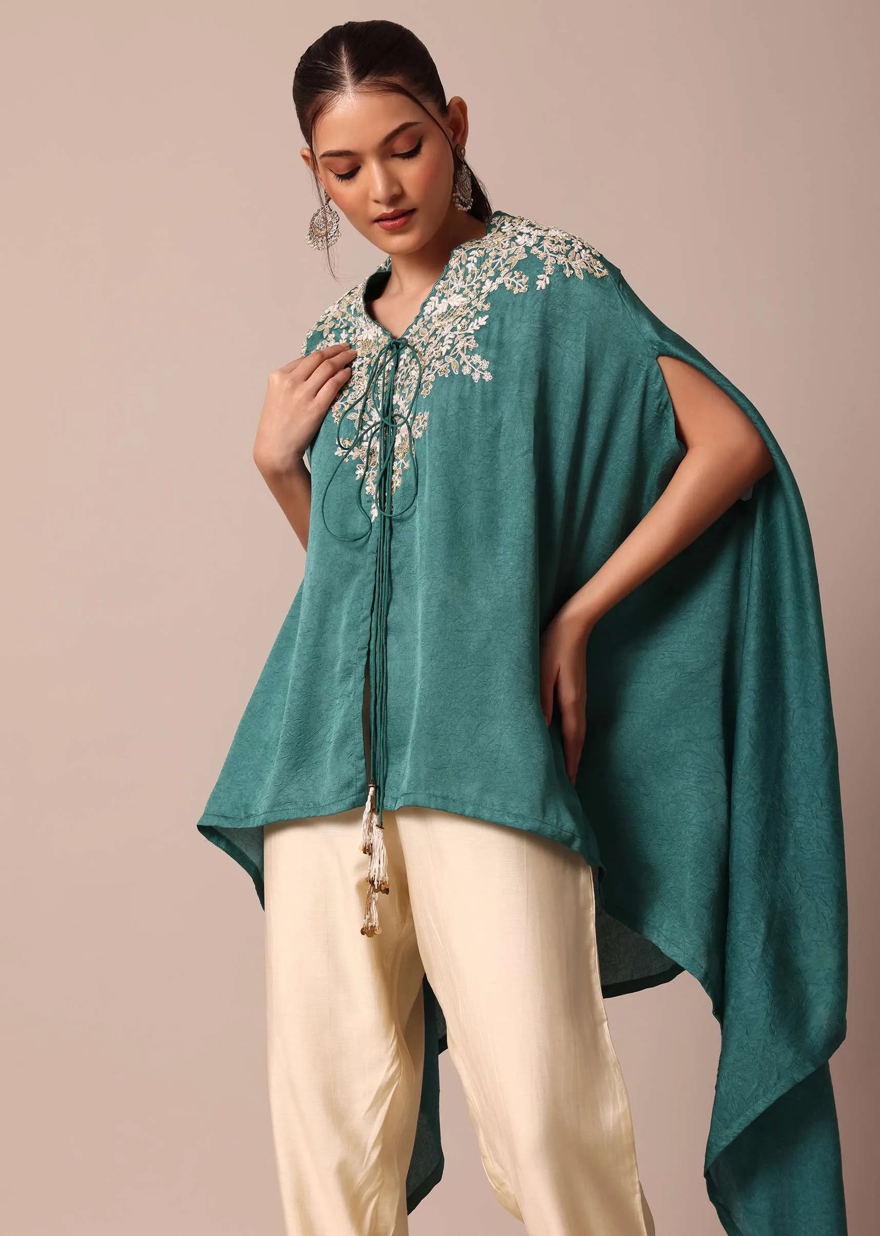 Chic Turquoise Blue Crop Top With Embroidered Jacket And Pants