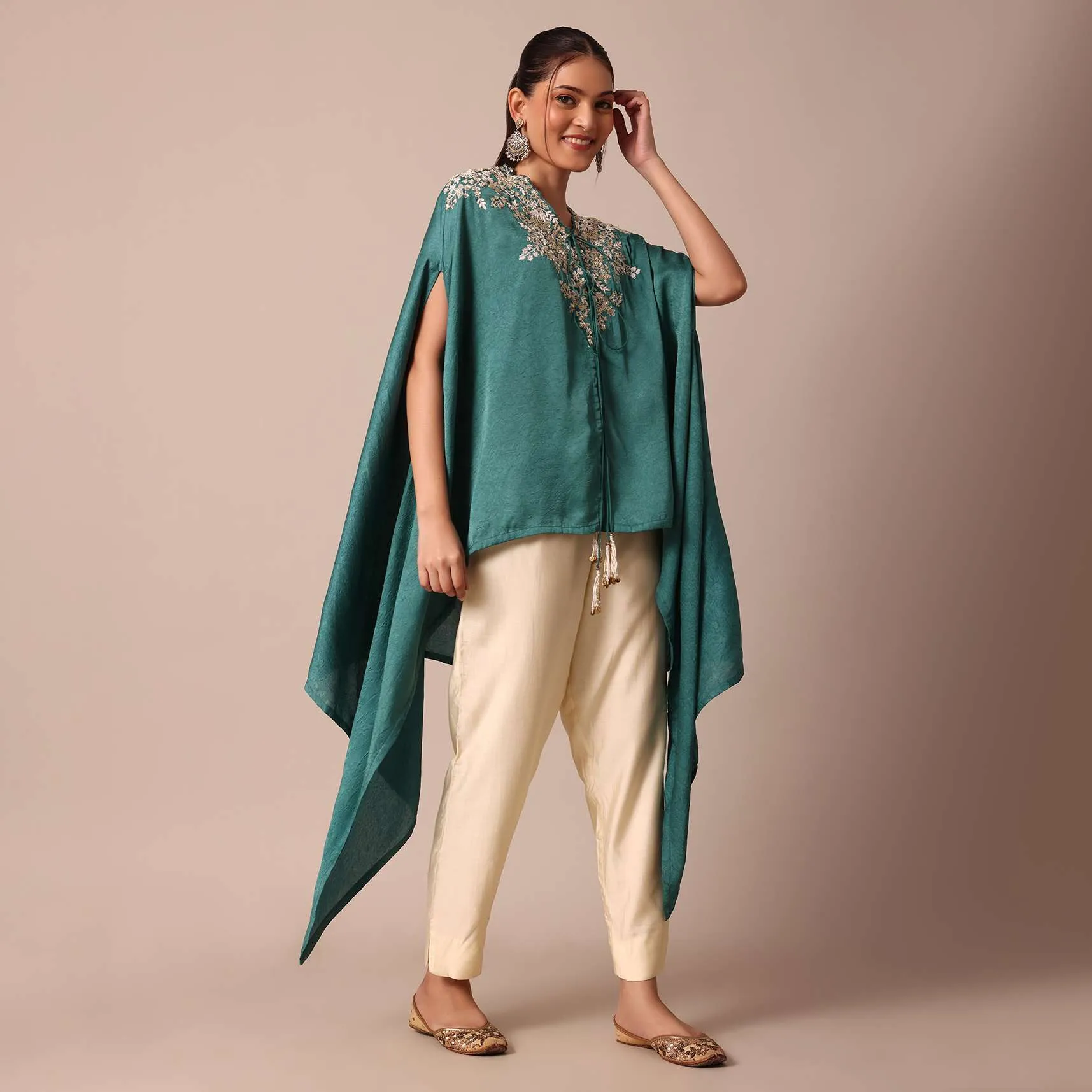Chic Turquoise Blue Crop Top With Embroidered Jacket And Pants
