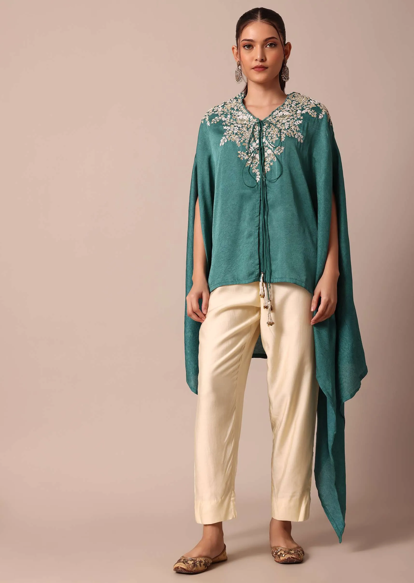 Chic Turquoise Blue Crop Top With Embroidered Jacket And Pants