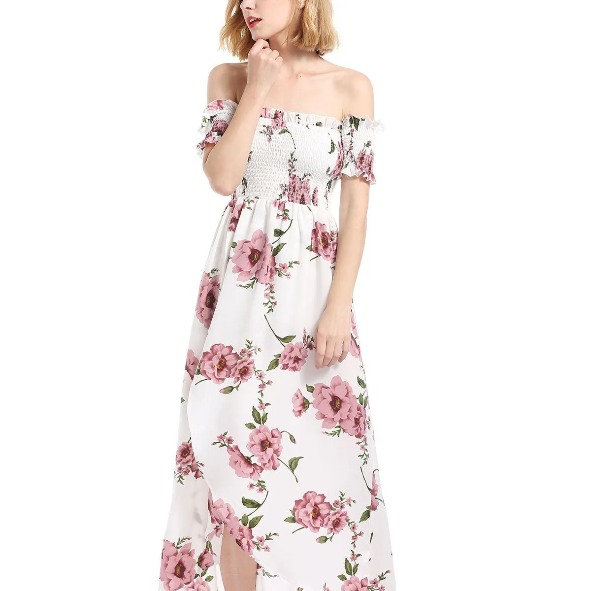 Chiffon Short sleeve Elastic waist Maxi Dresses