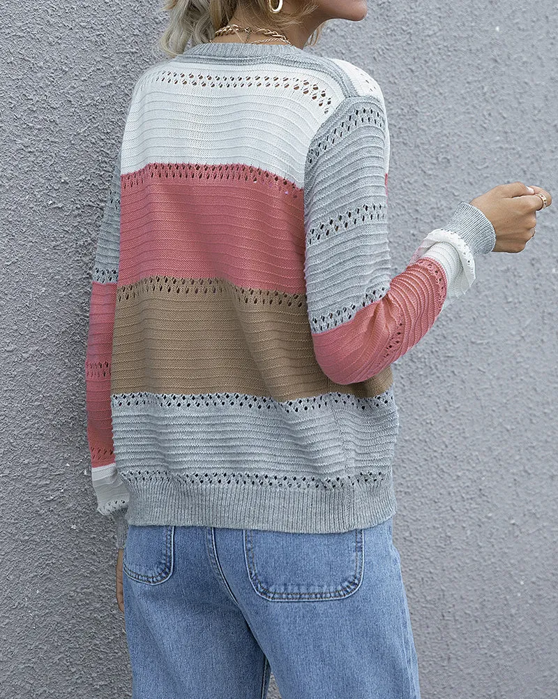Colorblock Round Neck Button Knitted Cardigan Sweater