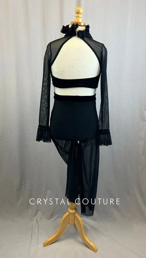 Custom Black Velvet Crop Top With Rhinestones and Mesh Pants With Attached Briefs
