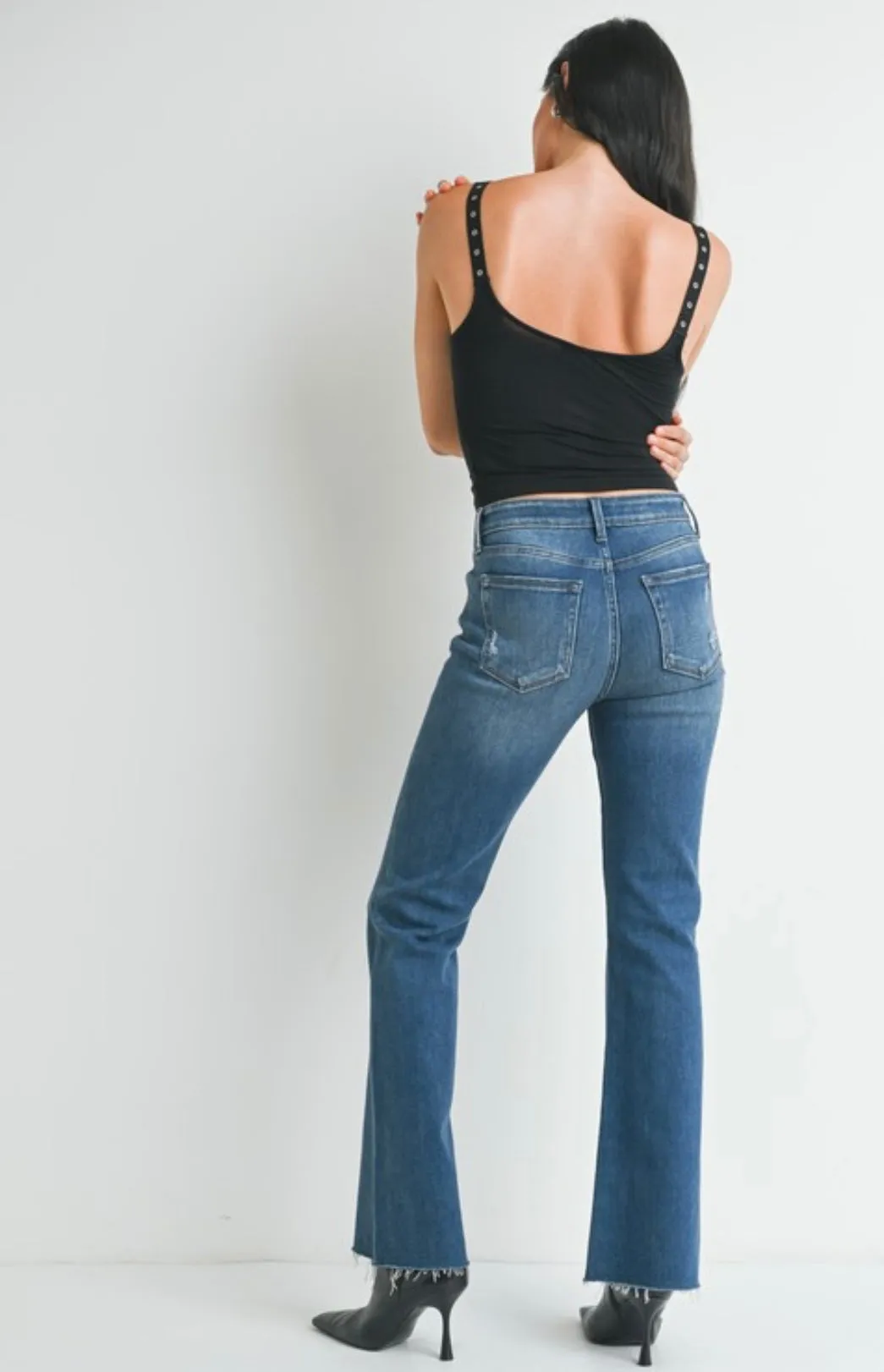 Dark Denim Flare Jeans w/Raw Hem & Stretch by Just Black Denim Made in USA