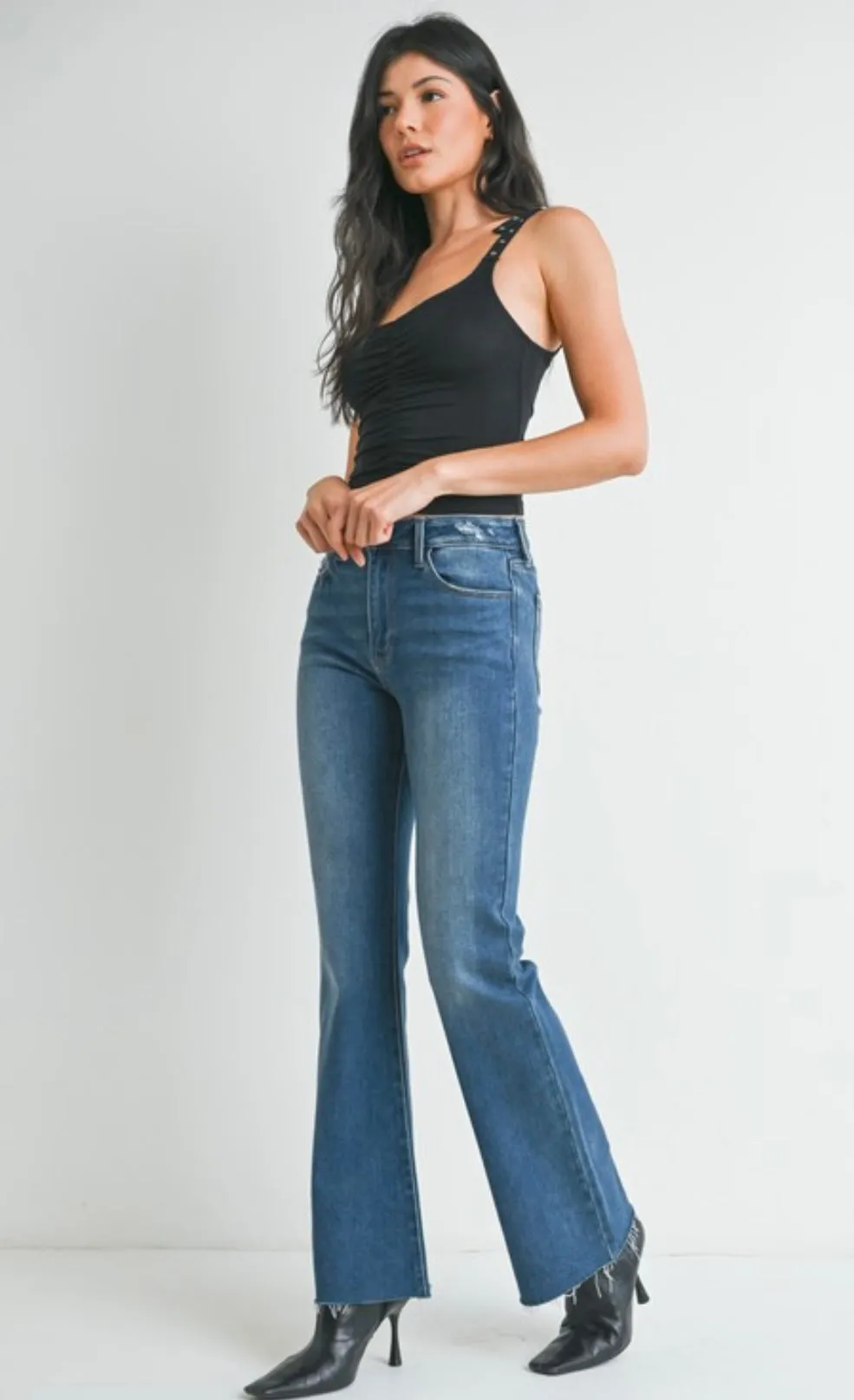 Dark Denim Flare Jeans w/Raw Hem & Stretch by Just Black Denim Made in USA