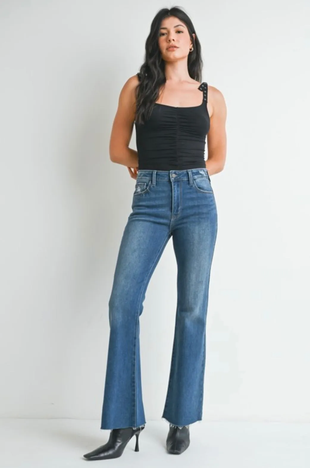 Dark Denim Flare Jeans w/Raw Hem & Stretch by Just Black Denim Made in USA