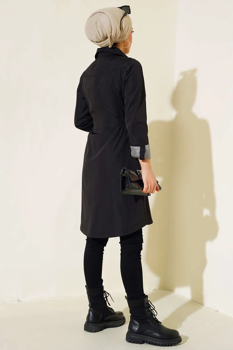 Elastic Waist Long Trench Coat - Black