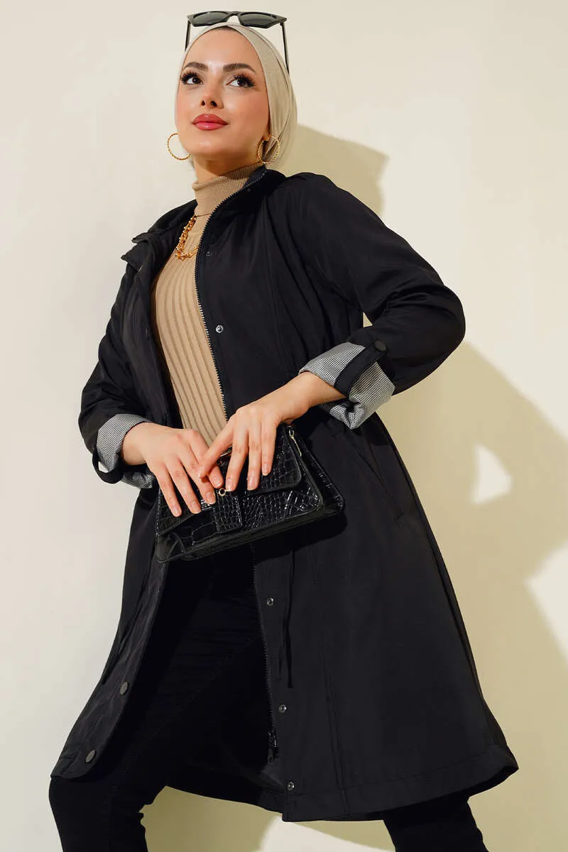 Elastic Waist Long Trench Coat - Black