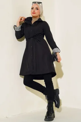 Elastic Waist Long Trench Coat - Black