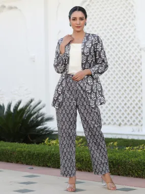 Embroidered Grey Printed Velvet Jacket With Cream Crop Top And Printed Velvet Pants