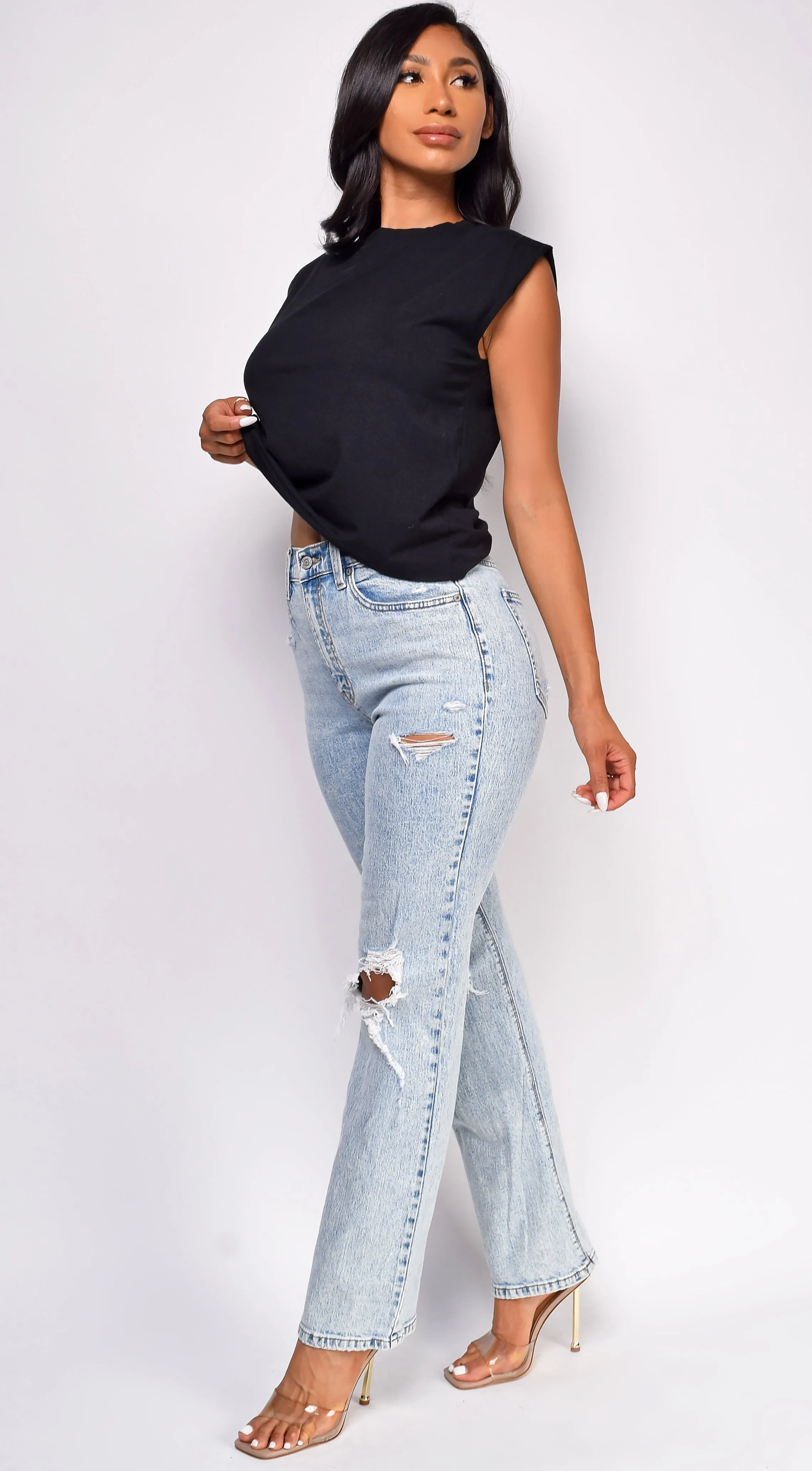 Evalina Light Wash Distressed Straight Leg Denim Jeans