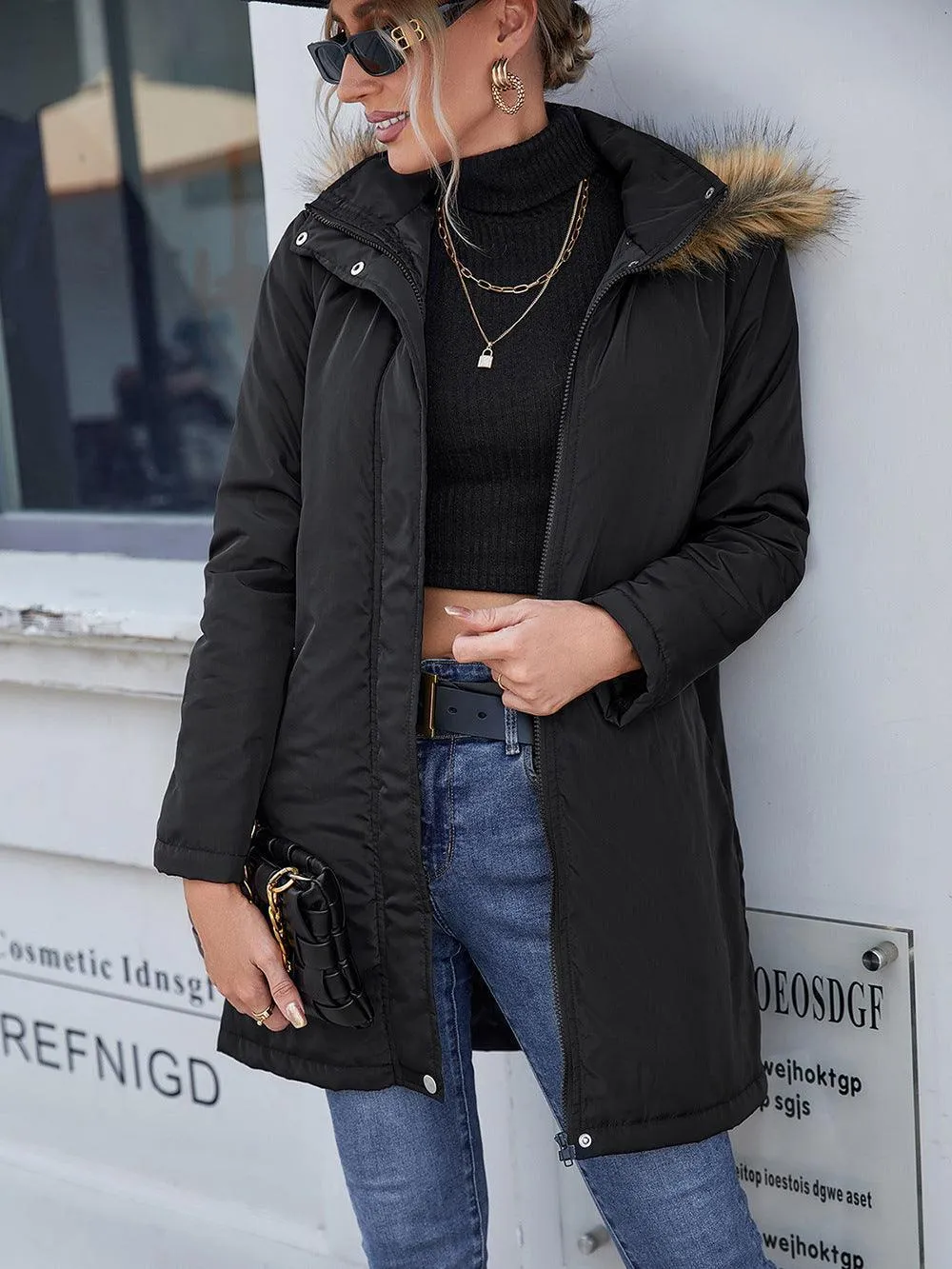 Faux Fur Trim Hooded Trench Coat
