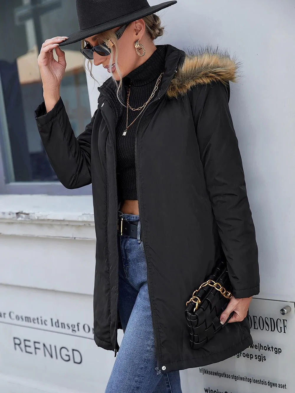 Faux Fur Trim Hooded Trench Coat