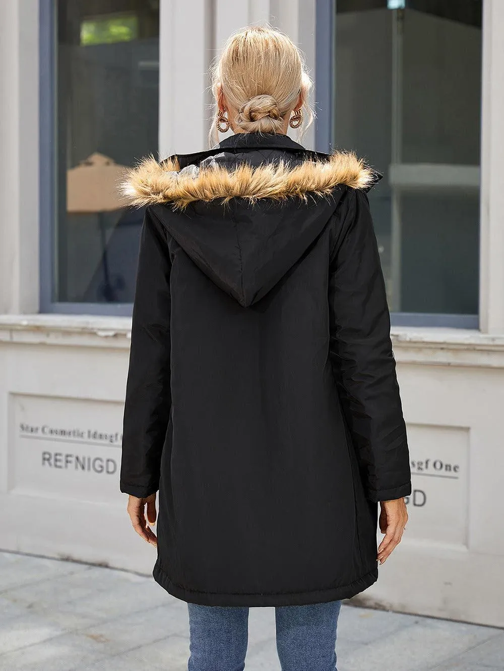 Faux Fur Trim Hooded Trench Coat