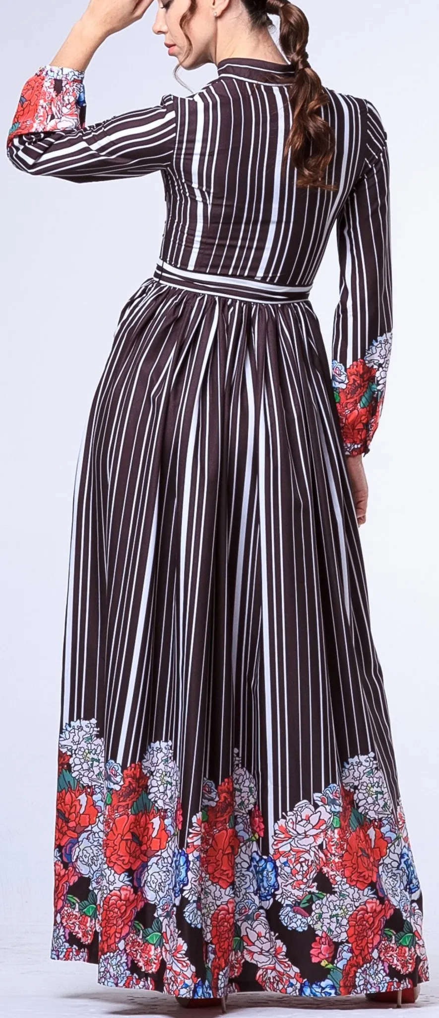 Floral & Stripe Print Neck-Tie Long Dress-Black