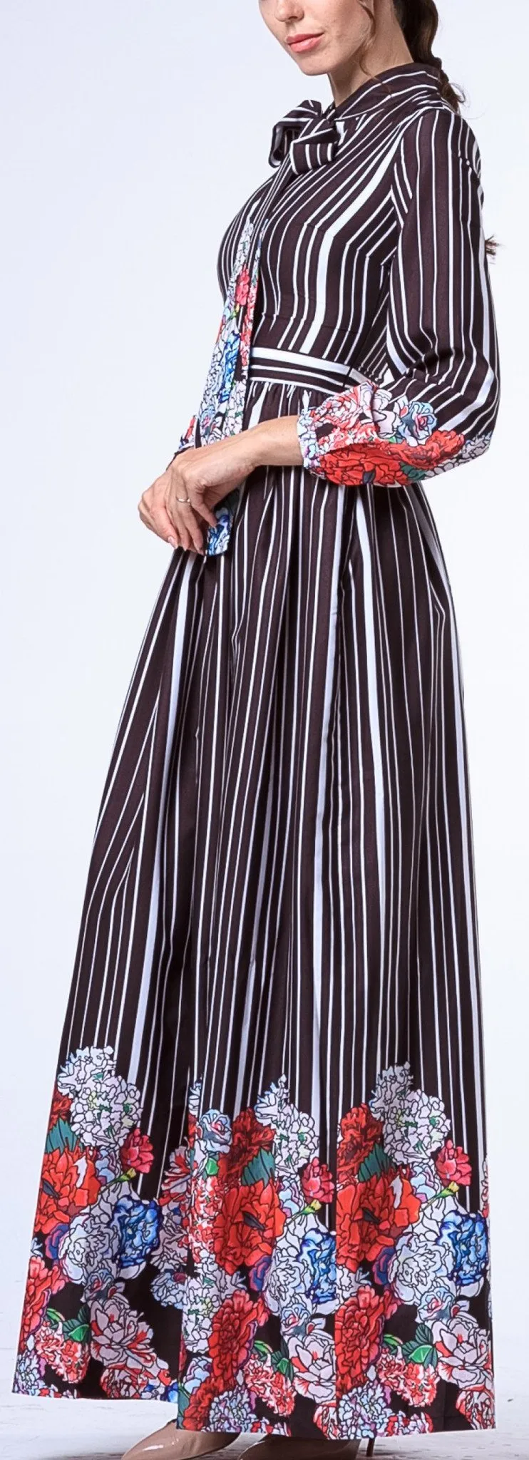Floral & Stripe Print Neck-Tie Long Dress-Black