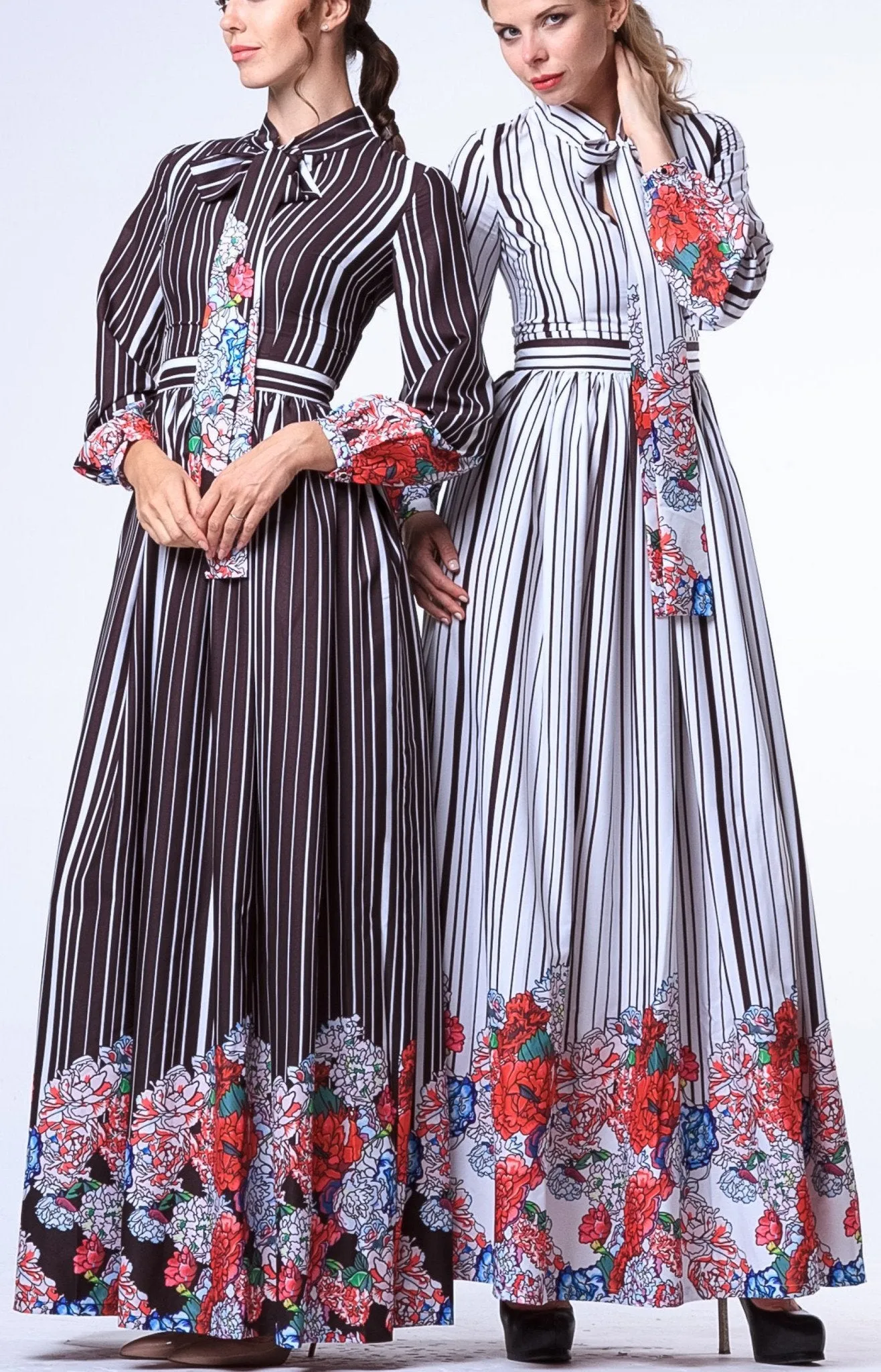 Floral & Stripe Print Neck-Tie Long Dress-Black