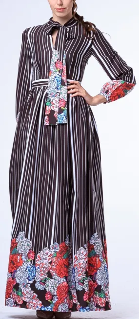 Floral & Stripe Print Neck-Tie Long Dress-Black