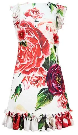 Floral Appliques Printed Ruffle-Trim Dress