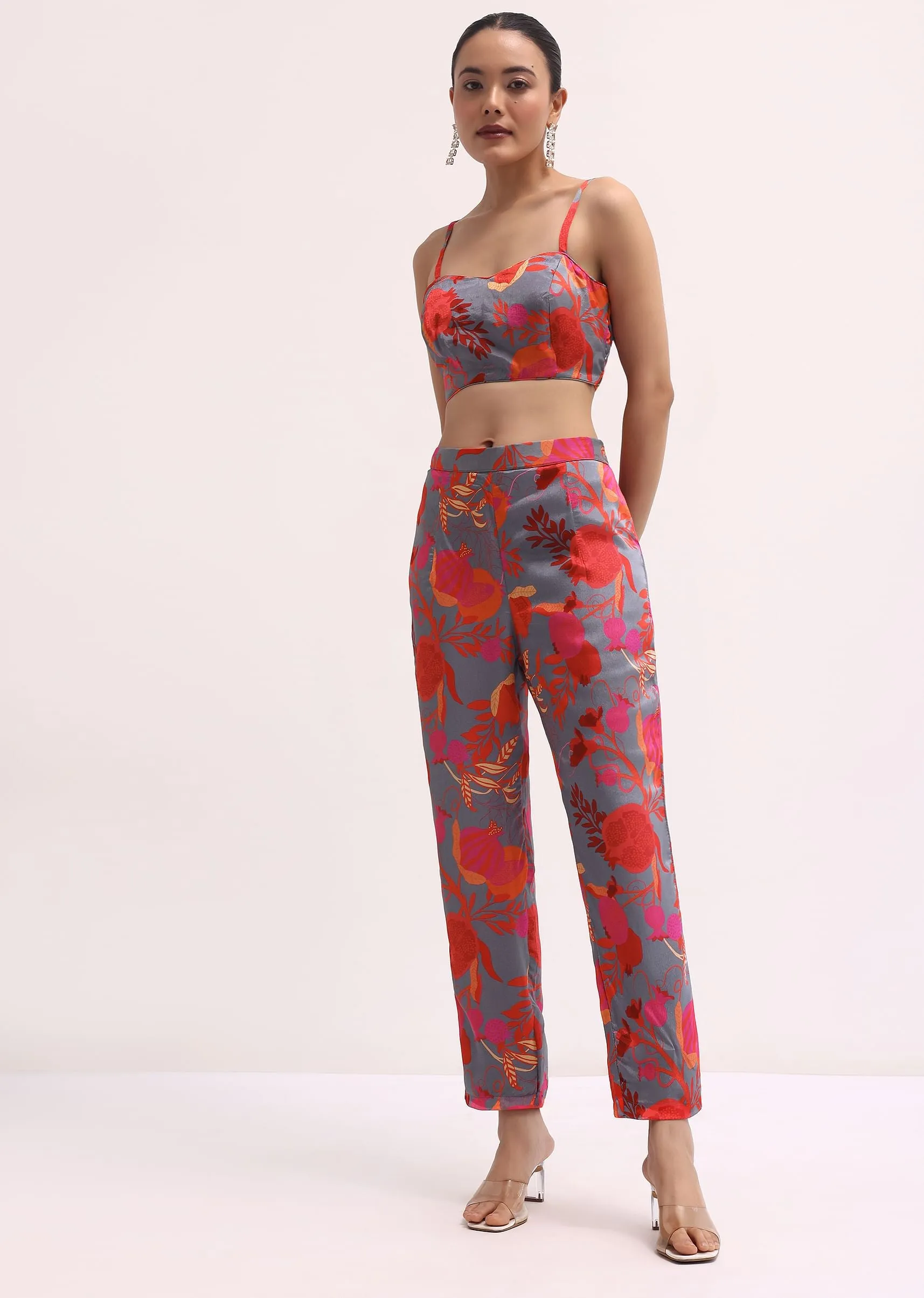 Grey Printed Chinon Pant Set With Jacket