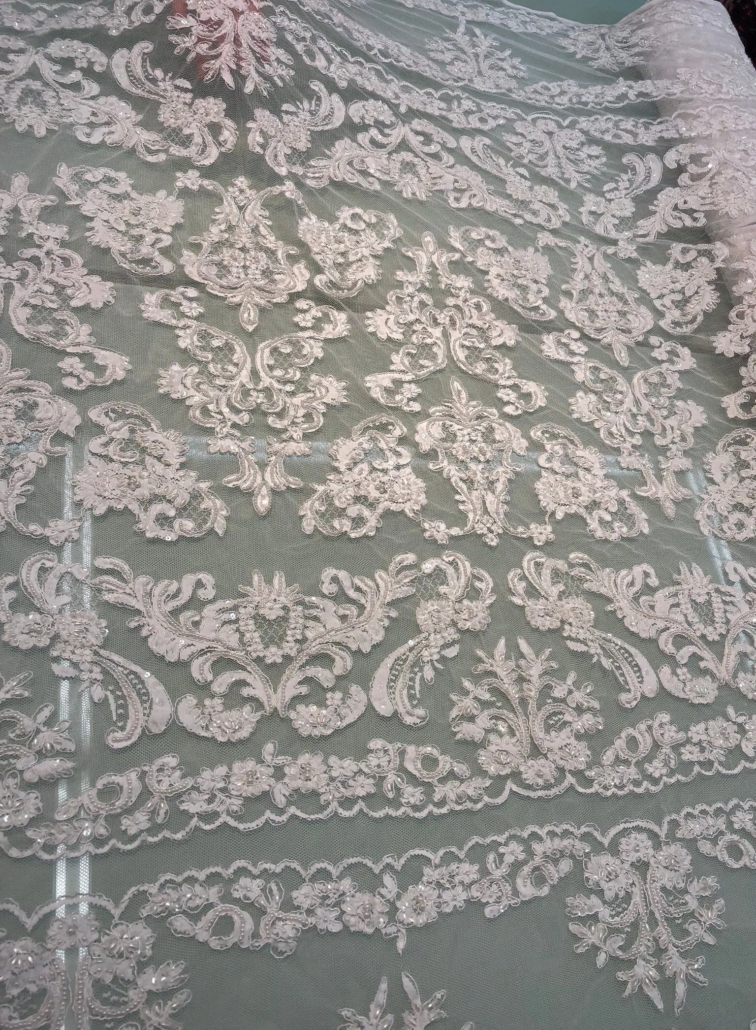 Hand beaded re-embroided bridal lace, 52” wide