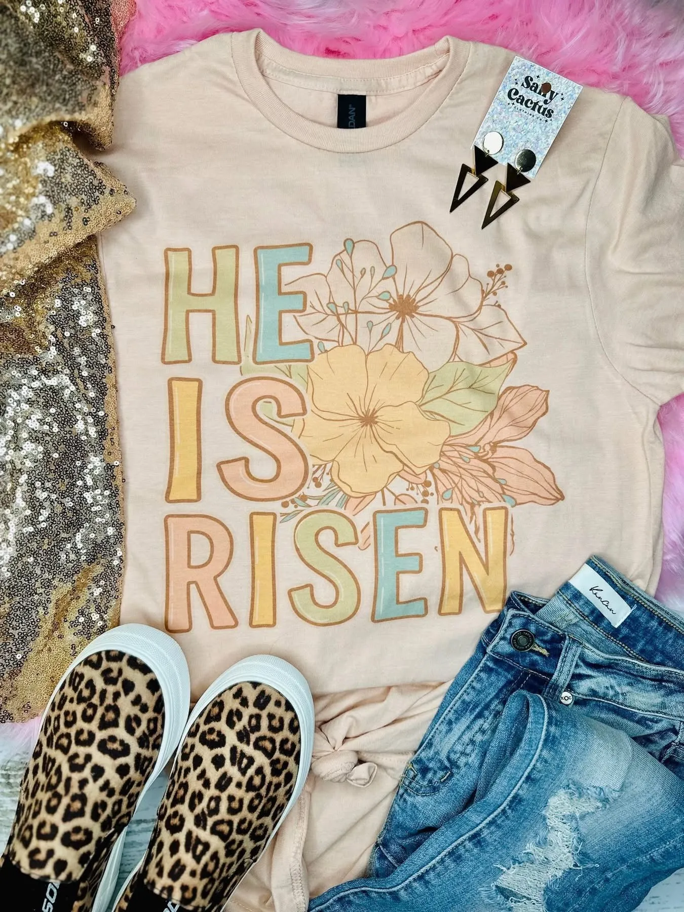 He is Risen Pastel Floral Peach Tee