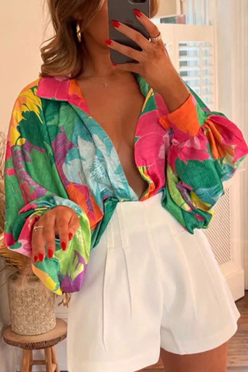 hulianfu Casual Print Patchwork Turndown Collar Blouses(4 Colors)