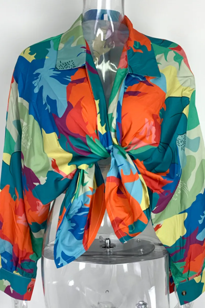 hulianfu Casual Print Patchwork Turndown Collar Blouses(4 Colors)