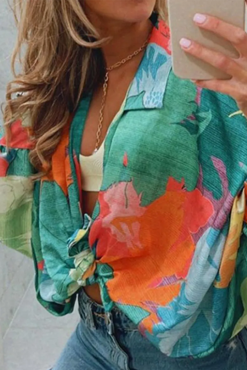 hulianfu Casual Print Patchwork Turndown Collar Blouses(4 Colors)