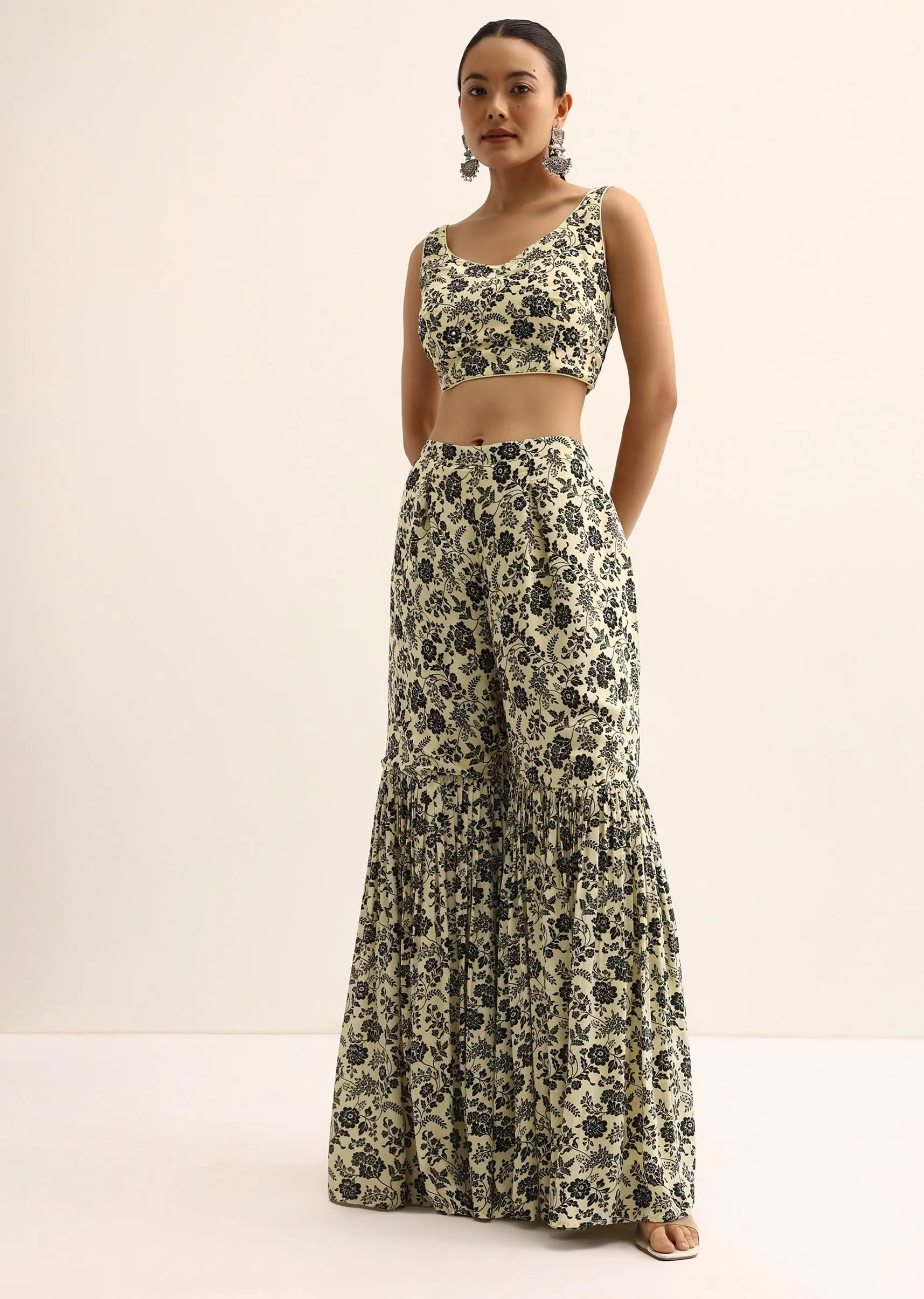 Ivory And Black Crop Top And Sharara Set