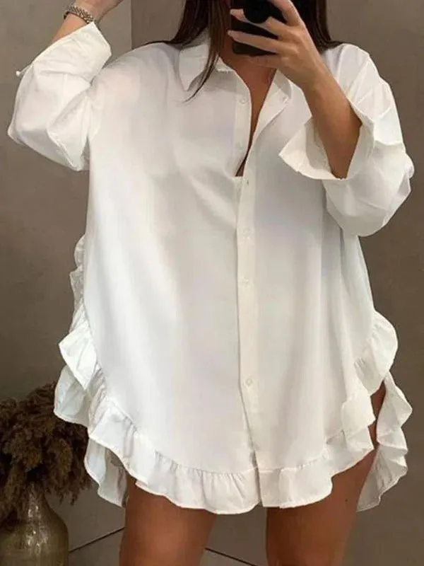 Long Sleeves Loose Falbala Solid Color Split-Joint Split-Side Lapel Blouses  120576