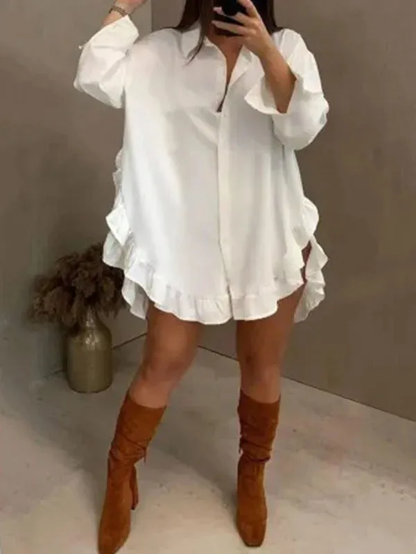 Long Sleeves Loose Falbala Solid Color Split-Joint Split-Side Lapel Blouses  120576