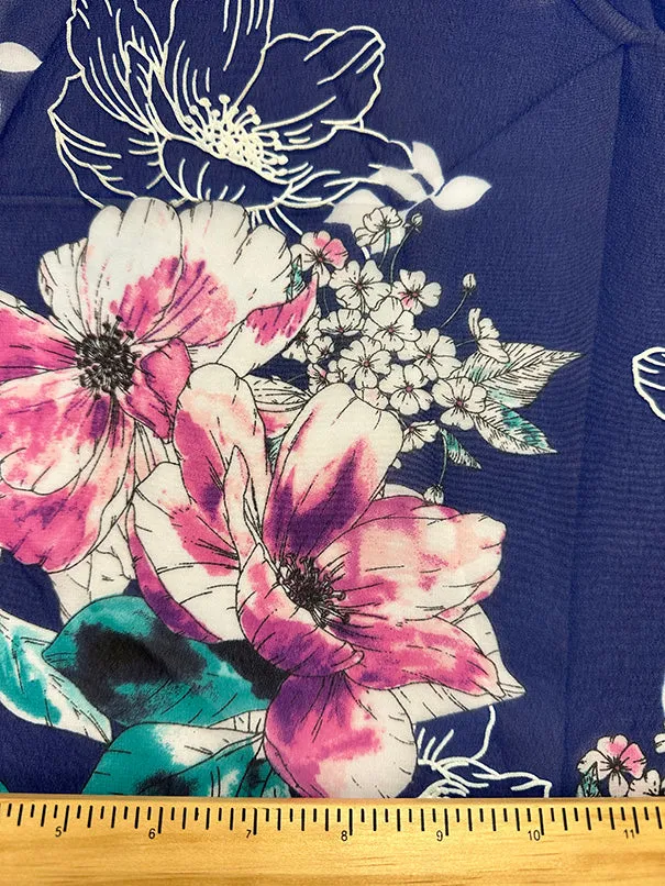 Magenta and Green Flocked Floral Poly Chiffon Fabric