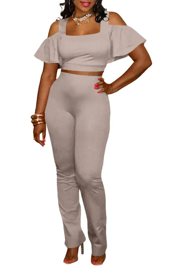 MB FASHON Cold-Shoulder Crop Top and Slim-Fit Pants Two-Piece Set 199R
