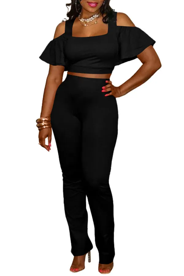 MB FASHON Cold-Shoulder Crop Top and Slim-Fit Pants Two-Piece Set 199R