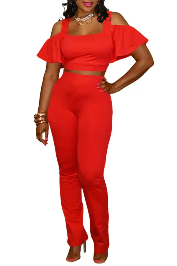 MB FASHON Cold-Shoulder Crop Top and Slim-Fit Pants Two-Piece Set 199R