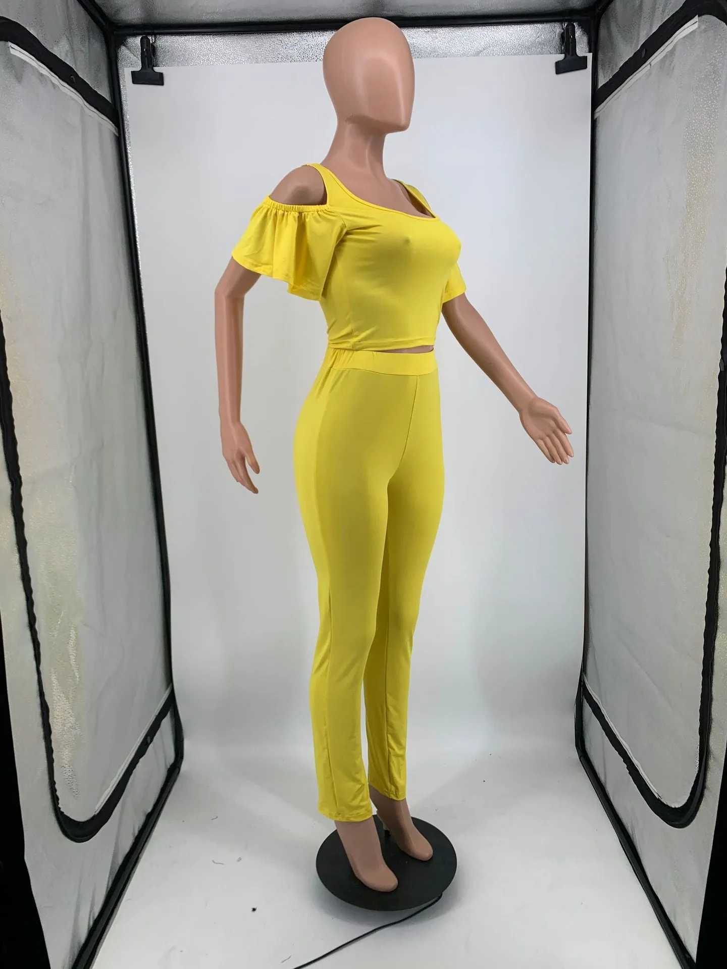 MB FASHON Cold-Shoulder Crop Top and Slim-Fit Pants Two-Piece Set 199R