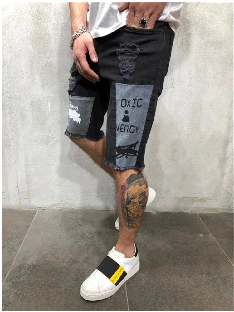Men Printing Denim Stretch Skinny Jeans Shorts