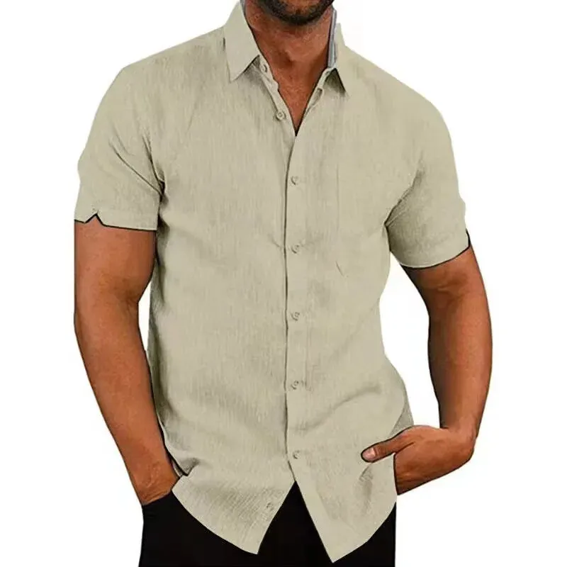 Men's Summer Cotton Linen Short Sleeve Casual Shirts - Solid Turn-Down Collar Beach Blouses