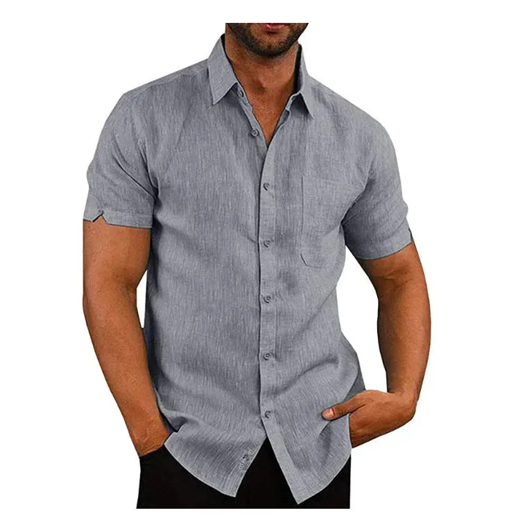 Men's Summer Cotton Linen Short Sleeve Casual Shirts - Solid Turn-Down Collar Beach Blouses