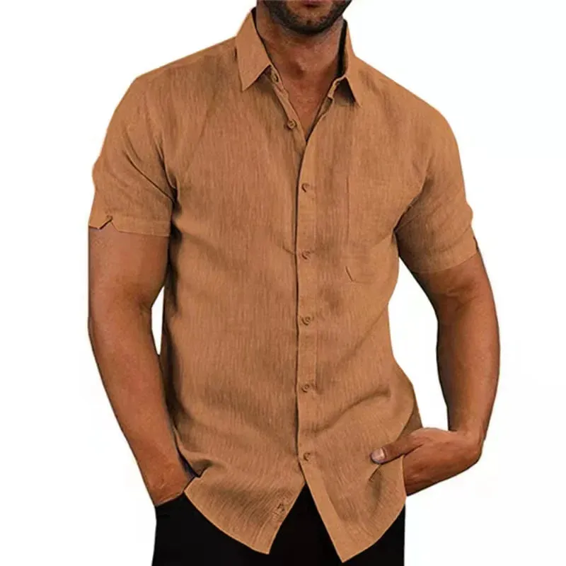Men's Summer Cotton Linen Short Sleeve Casual Shirts - Solid Turn-Down Collar Beach Blouses