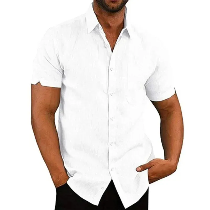 Men's Summer Cotton Linen Short Sleeve Casual Shirts - Solid Turn-Down Collar Beach Blouses