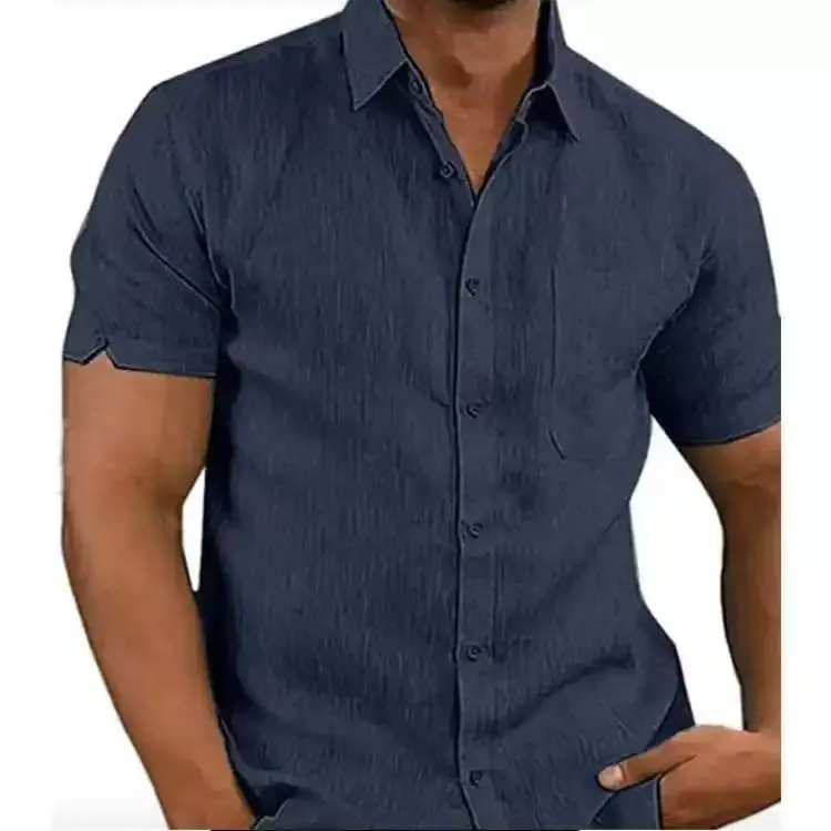 Men's Summer Cotton Linen Short Sleeve Casual Shirts - Solid Turn-Down Collar Beach Blouses