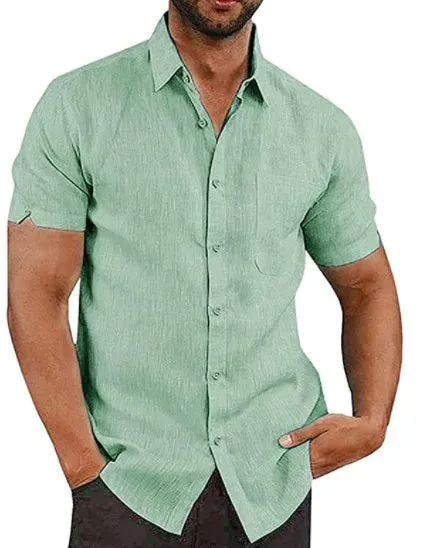 Men's Summer Cotton Linen Short Sleeve Casual Shirts - Solid Turn-Down Collar Beach Blouses