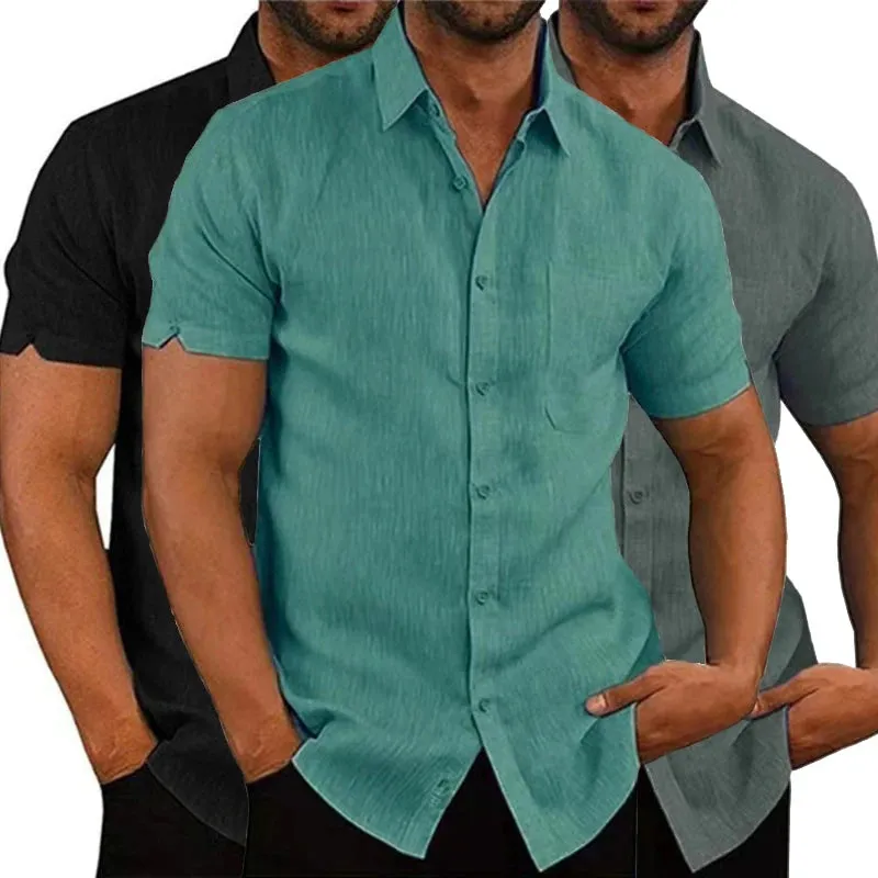 Men's Summer Cotton Linen Short Sleeve Casual Shirts - Solid Turn-Down Collar Beach Blouses