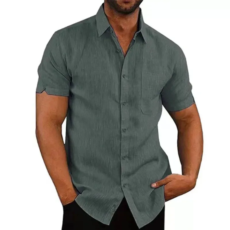 Men's Summer Cotton Linen Short Sleeve Casual Shirts - Solid Turn-Down Collar Beach Blouses