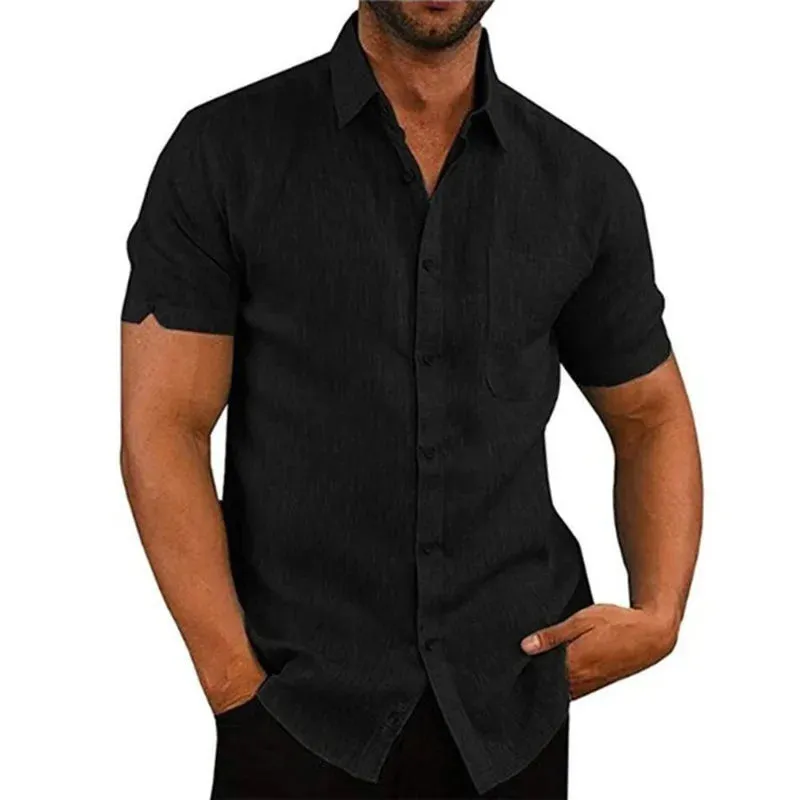 Men's Summer Cotton Linen Short Sleeve Casual Shirts - Solid Turn-Down Collar Beach Blouses
