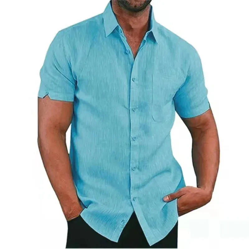 Men's Summer Cotton Linen Short Sleeve Casual Shirts - Solid Turn-Down Collar Beach Blouses