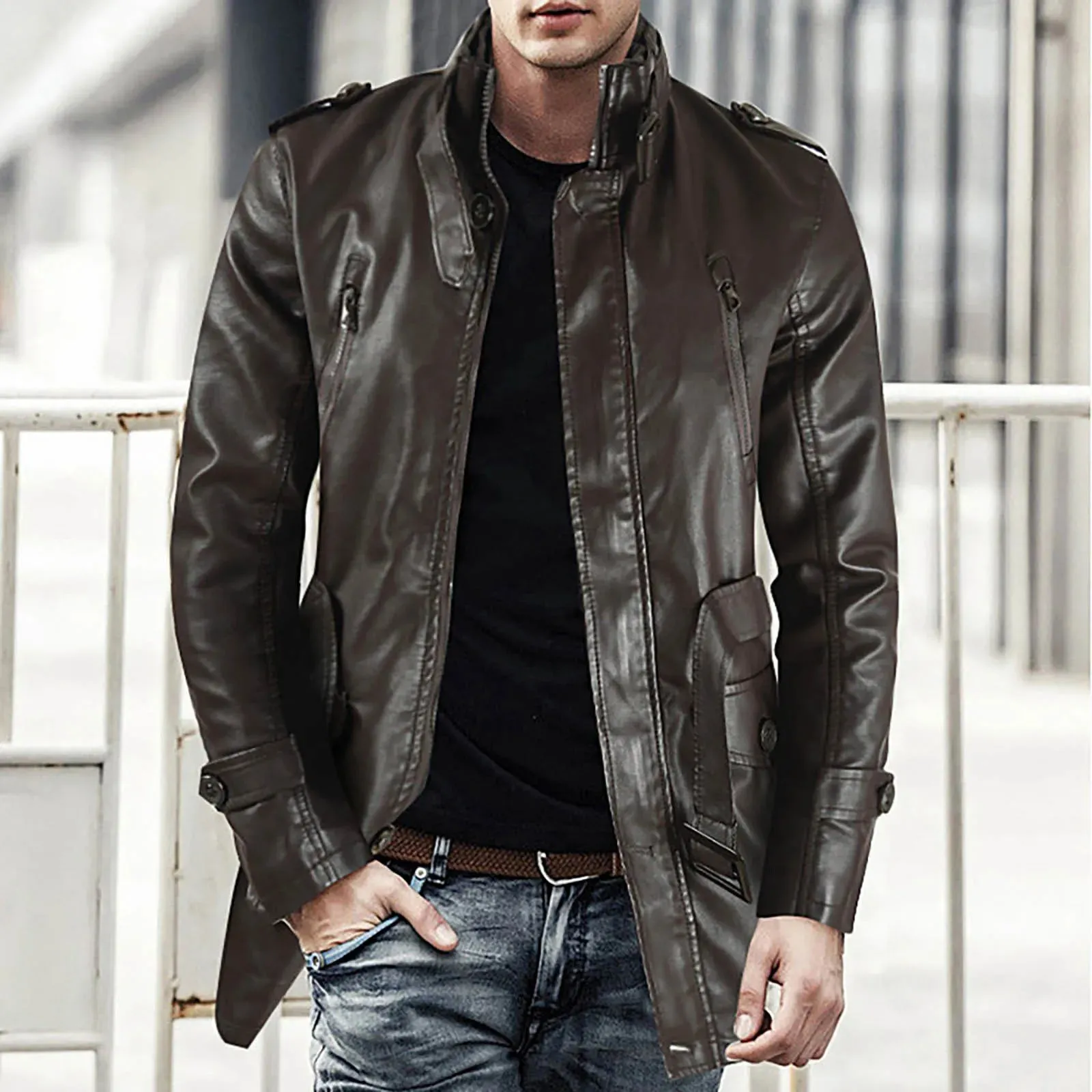 Men's Winter Casual Leather Jacket Zipper Long Sleeve Stand Trench Coat Men Tactical Windproof Waterproof jacket